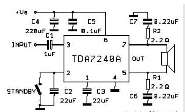 基于TDA7240A的简单20W桥式放大器电路