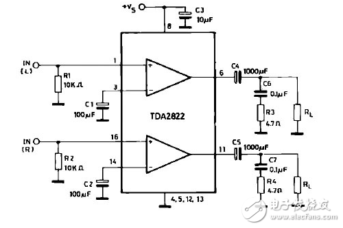 TDA2822双声道功放电路图文介绍（四款电路图）