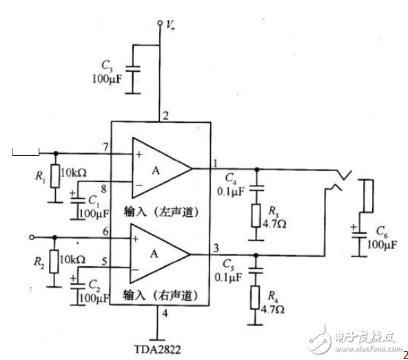TDA2822双声道功放电路图文介绍（四款电路图）