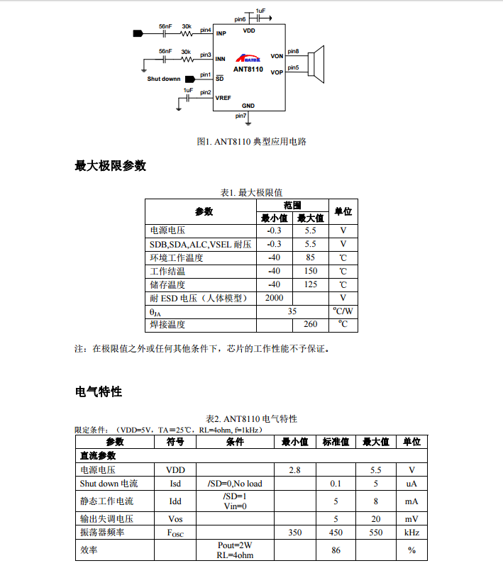 3w class d 全差分输入单声道音频功放    ant8110 是一款超低 emi