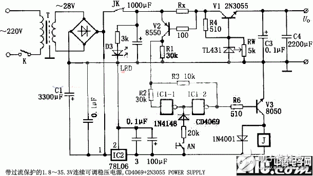 基于CD4069和2N3055的1.8～35.3V連續可調穩壓電源設計