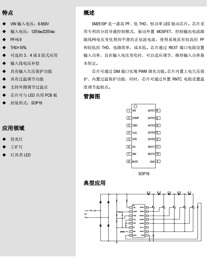 高PF、低THD、恒功率LED驱动IC—SM2510P中文说明书pdf
