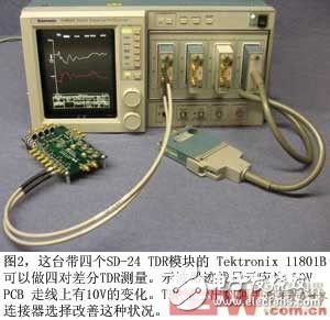 图2这台带四个SD-24TDR模块的Tektronix11801B可以做四对差分TDR测量示波器迹线显示应为50VPCB走线上有10V的变化TDR显示出如何通过布局和连接器选择改善这种状况