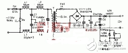 本电路输入的220v交流电压通过对称平衡电网滤波器加到电源变压器