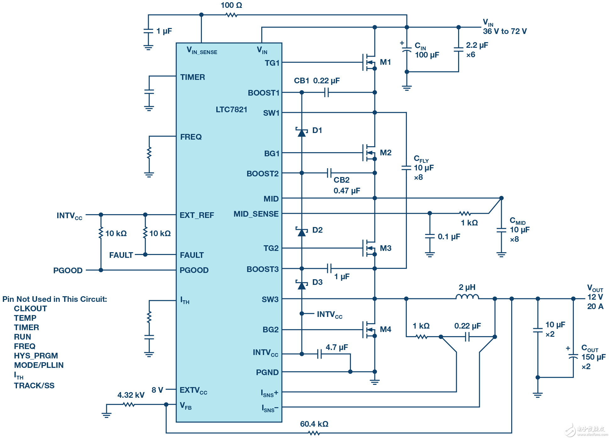 图3. LTC7821原理图（36VIN至72VIN/12V/20 A输出）。