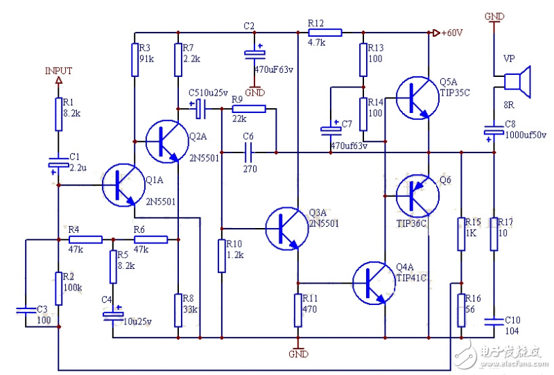 2n3055简易功放电路图大全(音频功率放大器/扬声器/晶体管)