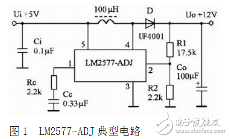 　　图32显示了作为一个升压调节器的LM1577-ADJ/LM2577-ADJ。这是所使用的开关稳压器用于产生一个输出电压大于电源的输入电压。该LM1577-12/LM2577-12和LM1577-15/LM2577-15也可用于升压稳压12V或15V输出（分别），通过把反馈引脚直接到稳压输出。  　　它是如何工作的一个基本解释如下。该LM1577/LM2577变成它的输出开关和关闭一个在电感器（L）的52千赫，而这个频率产生能量。当NPN开关导通时，电感器目前的收费高达在VIN/L的速率，储存在电感电流。当开关断开时，较低的结束电感苍蝇高于VIN，其放电电流通过二极管（D）到输出电容（COUT）的速率（VOUT-VIN）/L。因此，在时间开关导通期间存储在电感中的能量是在传送到输出开关关断时间。该输出电压是由能量转移的量，这反过来，是控制通过调节峰值电感电流控制。这是通过反馈输出电压的一部分进行到误差放大器，放大所述反馈电压和1.230V基准之间的差异。错误放大器的输出电压进行比较，以正比于开关电流（即，电感电流中的一个电压开机时间）。  　　比较器将终止于时间，当两个电压相等的开关，从而控制峰值开关电流，以保持恒定的输出电压。