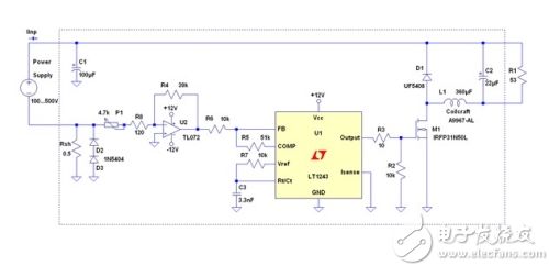 图1. 使用LT1243的耐高压电子负载。