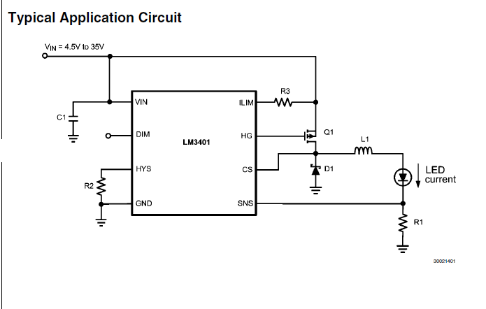 LM3401高功率LED驱动器迟滞PFET控制器的概述