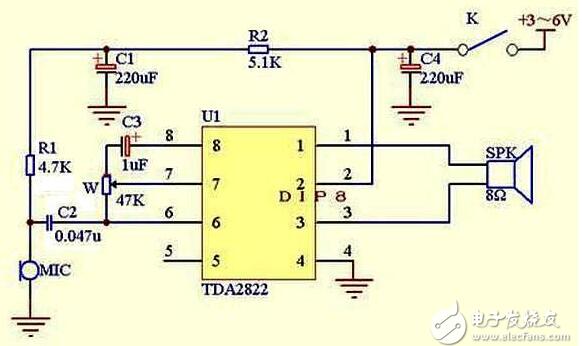 TDA2822制作話筒功放電路圖