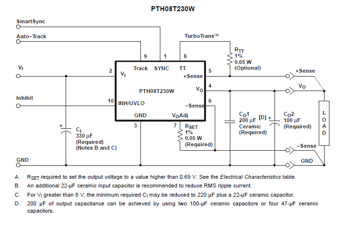 pth08t230/231w使用TurboTrans技术输入非隔离宽输出可调节电源概述