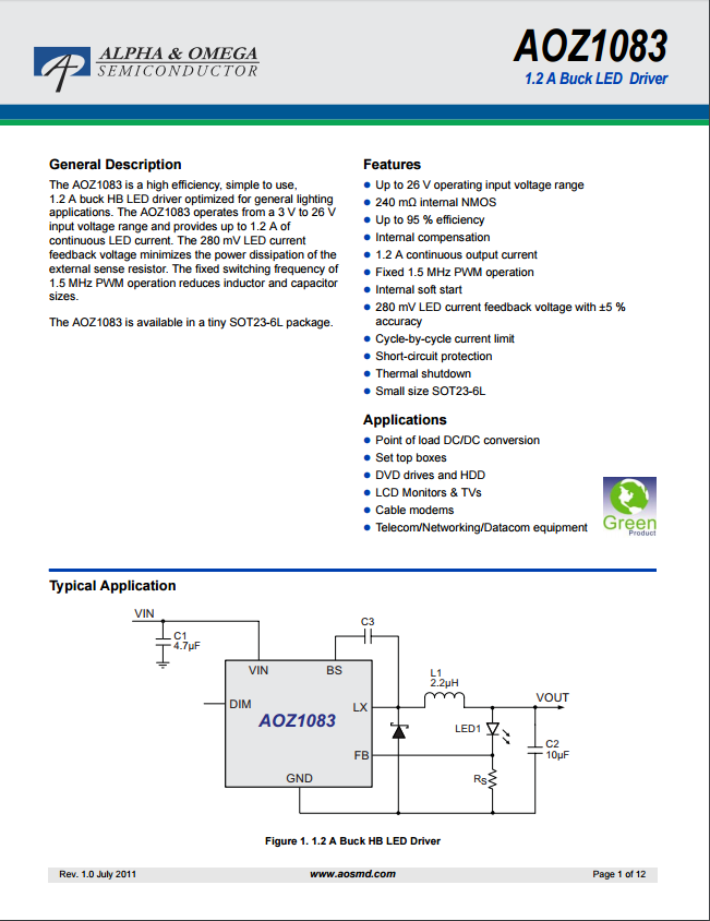 AOZ1083DC-DC開關穩壓器資料文檔下載.pdf 