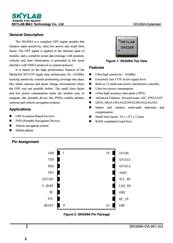 智能穿戴GPS模块SKG09A规格书文档下载.pdf