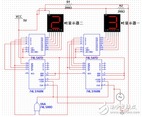 74ls160数字钟仿真电路（振荡器\74LS47D\计数器\74LS48）