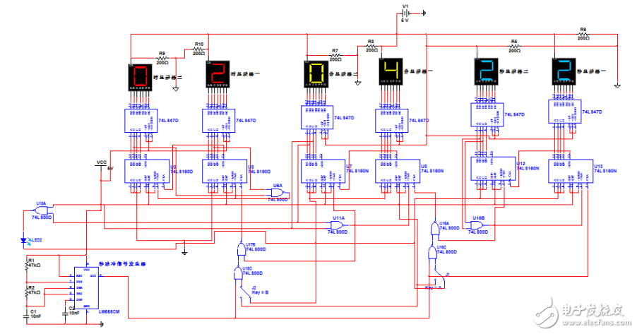 74ls160数字钟仿真电路（振荡器\74LS47D\计数器\74LS48）