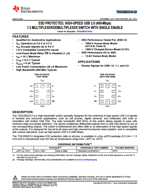 TS3USB221A-Q1 2進1出USB切換開關(guān)芯片資料下載.pdf