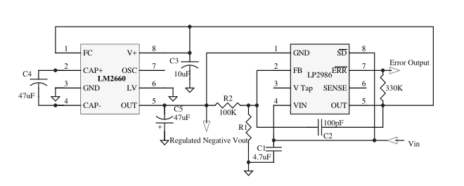 使用LM2660和LP2986来产生调节的负输出电压