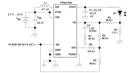 使用TPS61058和TPS61059同步升壓轉換器的手電筒和電影光源