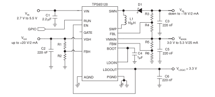 TPS6120单电感四输出电源的TFT-LCD电源
