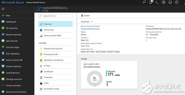 Microsoft Azure IoT Hub showing message summary (click to enlarge) 显示消息总结的 Microsoft Azure IoT 中心的图片(点击可放大)
