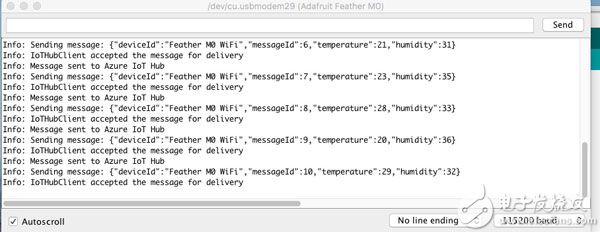 Serial monitor showing messages being sent from Feather M0 Wi-Fi 显示正在从 Feather M0 Wi-Fi 发送消息的串行监视器的图片
