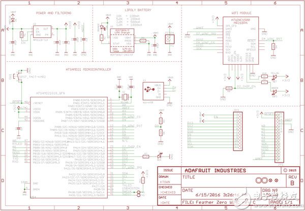 Adafruit Feather M0 Wi-Fi (click to enlarge) Adafruit Feather M0 Wi-Fi 示意图(点击可放大)