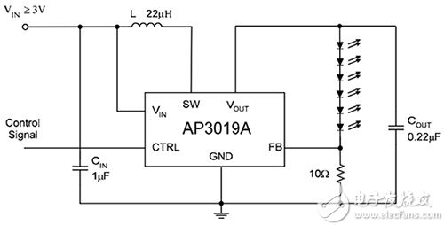 Diodes AP3019A driver includes specialized features 包括专用功能的二极管 AP3019A 驱动器的示意图