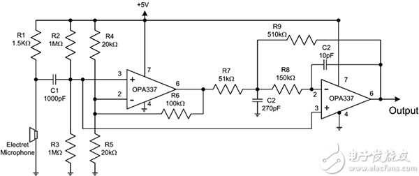 Amplifier including the electret microphone and its associated bias resistor 包括驻极体麦克风及其相关偏置电阻器的放大器完整原理图