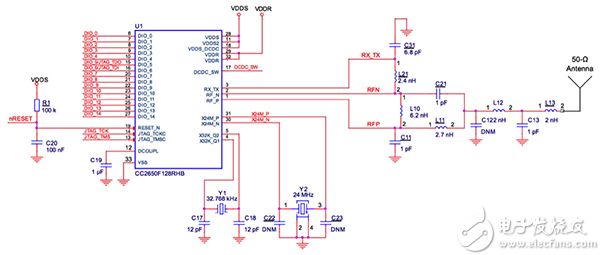 Texas Instruments CC2640R2F Bluetooth 5 SoC (click to enlarge) Texas Instruments CC2640R2F 蓝牙 5 SoC 原理图(点击可放大)