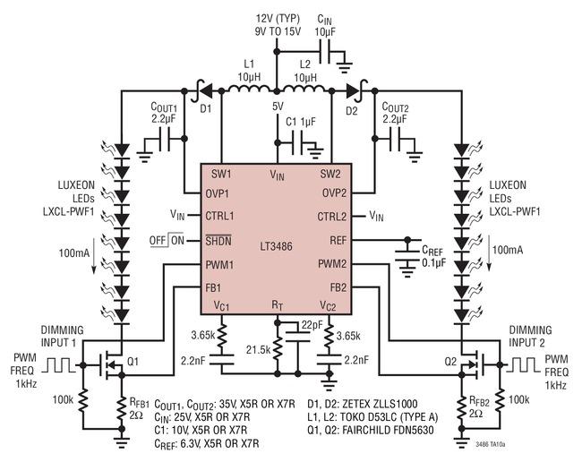 LT3486转换器可驱动8个串联的白光 LED