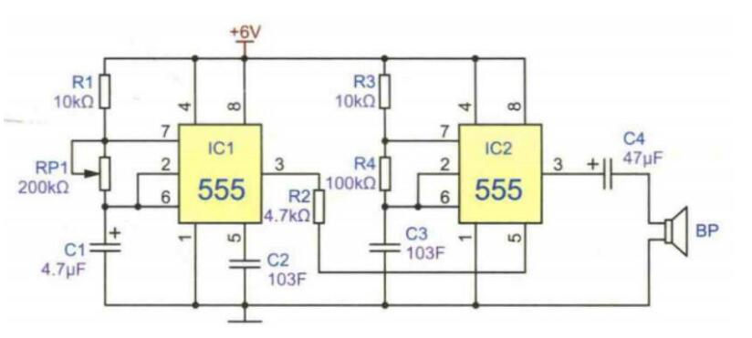 电路由两只555, 电阻 电容, 三极管, 二极管,电位器及喇叭等组成,两只