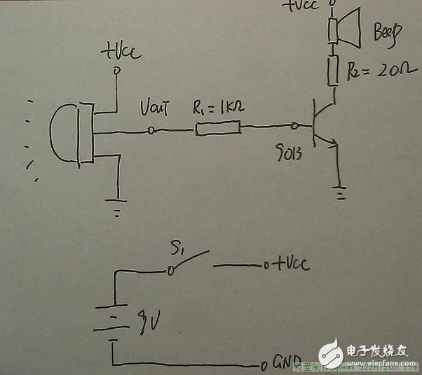 电路的原理十分简单,通过热释电传感器的输出驱动三极管,从而使蜂鸣器