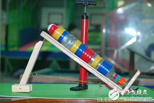 下图是台湾学生制作的水火箭,带倾斜的发射架,但是他们使用的发射