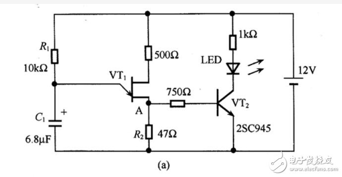 两个led交替闪烁的接法       图(b)是采用2个 晶体管的led闪光电路