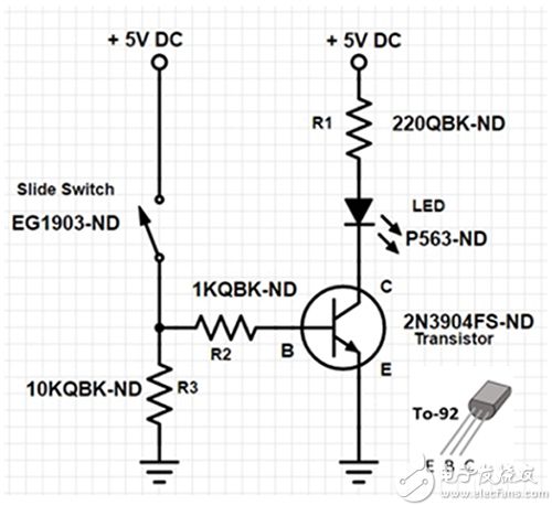 2N3904 circuit example for lighting an LED with a EG1218 slide switch 使用 EG1218 滑動(dòng)開關(guān)點(diǎn)亮 LED 的 2N3904 電路示例原理圖