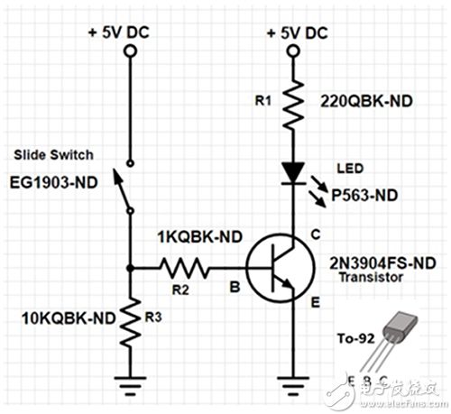 使用 EG1218 滑动开关点亮 LED 的 2N3904 电路示例原理图