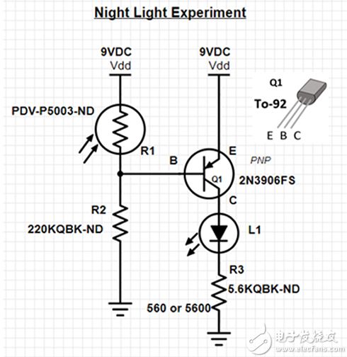 2N3906 example night light circuit for lighting an LED with a PDV-P5003 photocell 使用 PDV-P5003 光電管點(diǎn)亮 LED 的 2N3906 夜燈電路示例原理圖