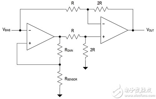 Circuit that delivers constant voltage sensor excitation with offset compensation and amplification 电路提供具有偏置补偿和放大的恒压传感器激励的示意图