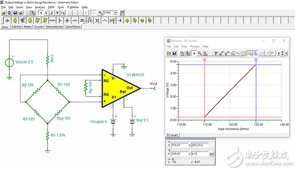 TINA TI simulation of a strain gage amplifier using a Texas Instruments INA333 通过 Texas Instruments INA333 进行应变计放大器 TINA TI 仿真的示意图