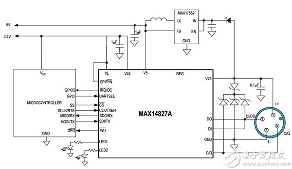 Maxim MAX14827A IO-Link 節點的方框圖