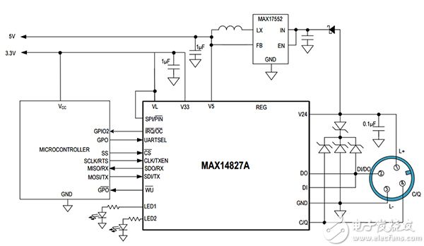 Maxim MAX14827A IO-Link 节点的方框图