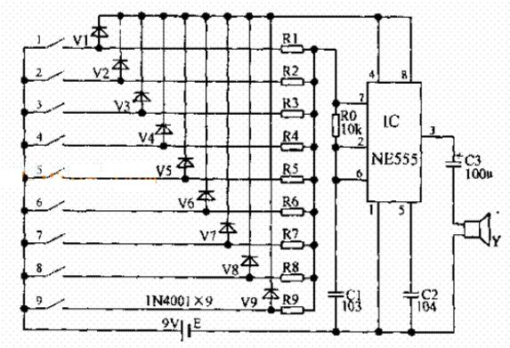 ne555制作的七阶电子琴的电路图