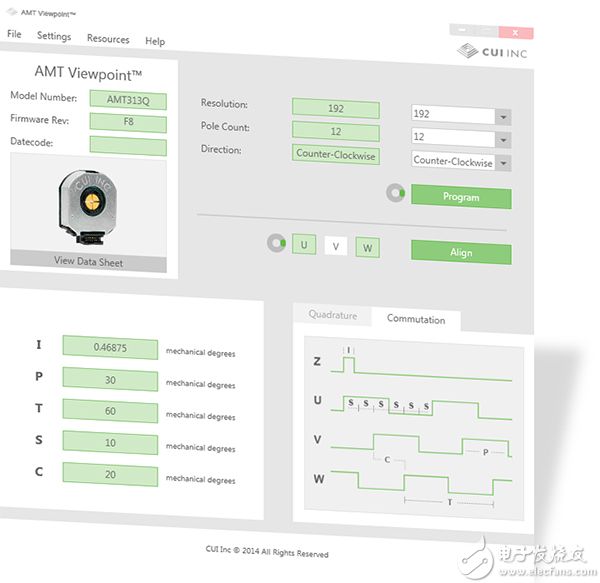 CUI’s AMT Viewpoint GUI offers users the ability to program multiple encoder parameters and access diagnostic data. CUI 的 AMT Viewpoint GUI 能让用户设定多个编码器参数,并获取诊断数据。