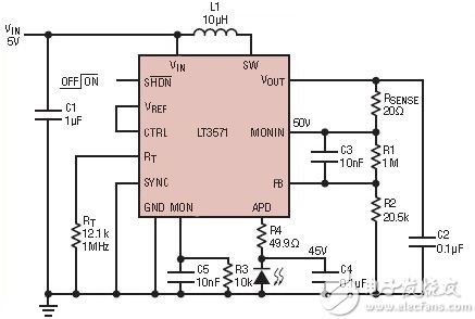 Linear Technology LT3571-based 5 to 45-V boost power supply circuit Linear Technology 基于 LT3571 的 5 - 45 V 升压电源