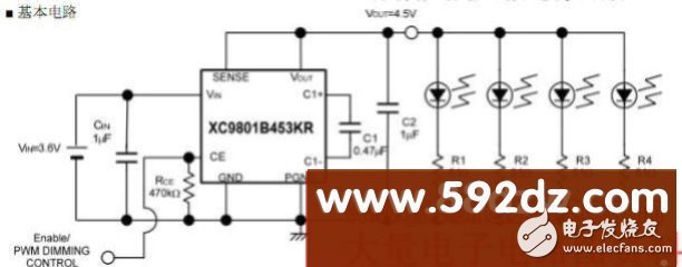 基于使用XC9801/02系列芯片实现驱动多个白光LED 