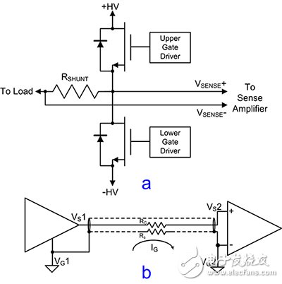 Measuring small voltage drops in a push-pull FET power driver 测量推挽式 FET 功率驱动器中的小电压降的原理图