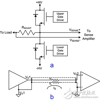 测量推挽式 FET 功率驱动器中的小电压降的原理图