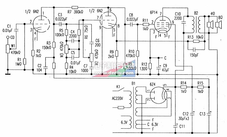 怎样用旧电子管收音机制作6N1+6P14电子管功放