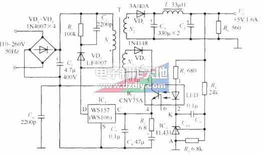 WS157构成的+12V/0.5A单片开关稳压电源