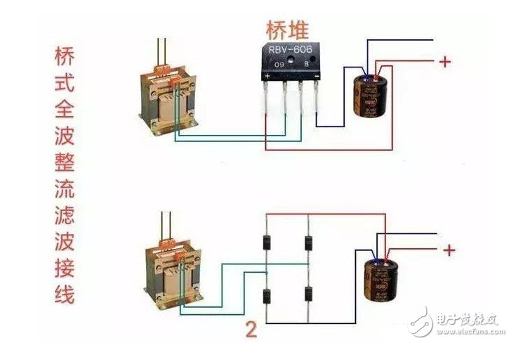 2,这是电源整流滤波电路实物接线图,上图用桥堆,下图用四个整流